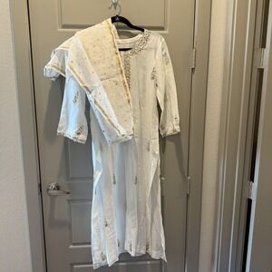 Women's White Indian Kurta Dress Gold Embroidery Dupatta Set Long Tunic